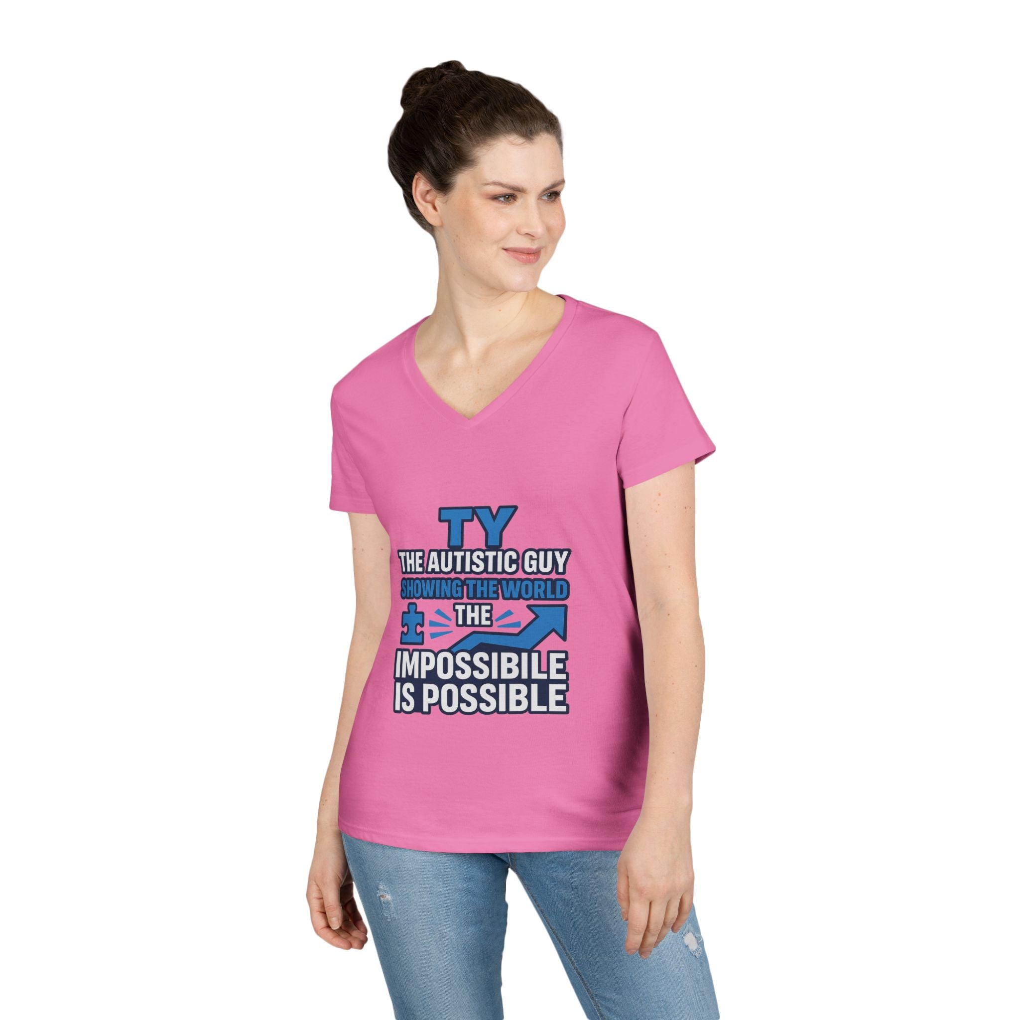 Inspirational Autism Awareness V-Neck T-Shirt - The Impossible is Possible, Gift for Teacher, Mother's Day, Support, Casual Wear