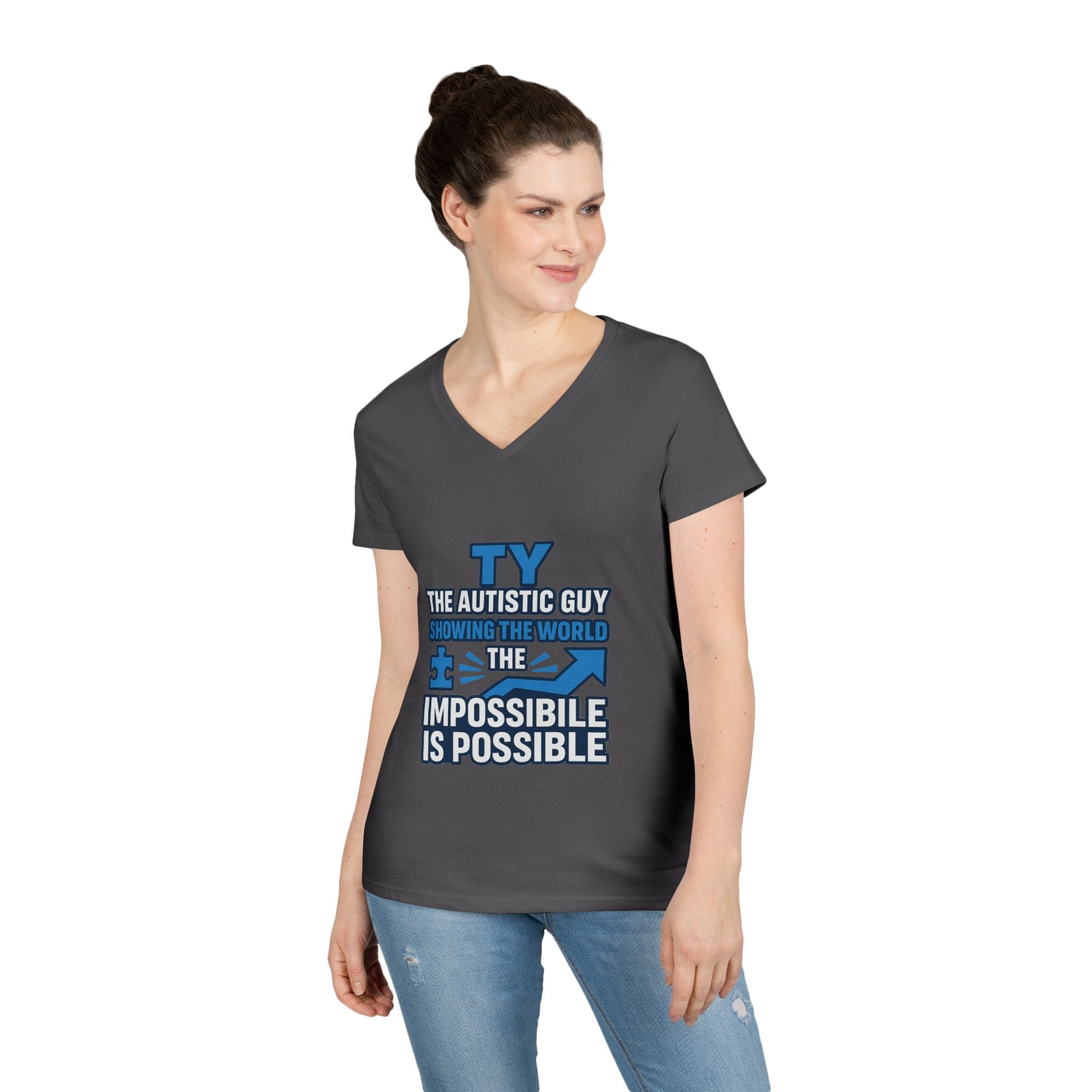 Inspirational Autism Awareness V-Neck T-Shirt - The Impossible is Possible, Gift for Teacher, Mother's Day, Support, Casual Wear