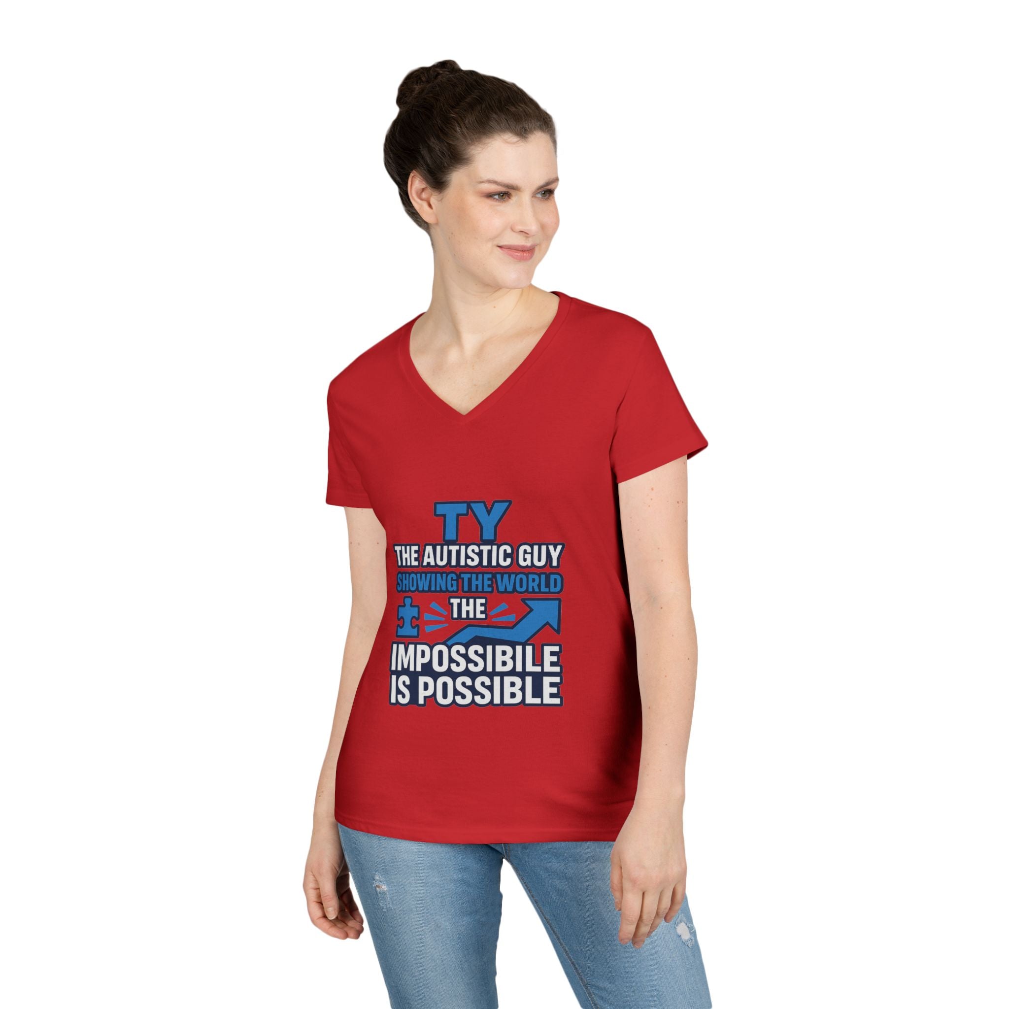 Inspirational Autism Awareness V-Neck T-Shirt - The Impossible is Possible, Gift for Teacher, Mother's Day, Support, Casual Wear