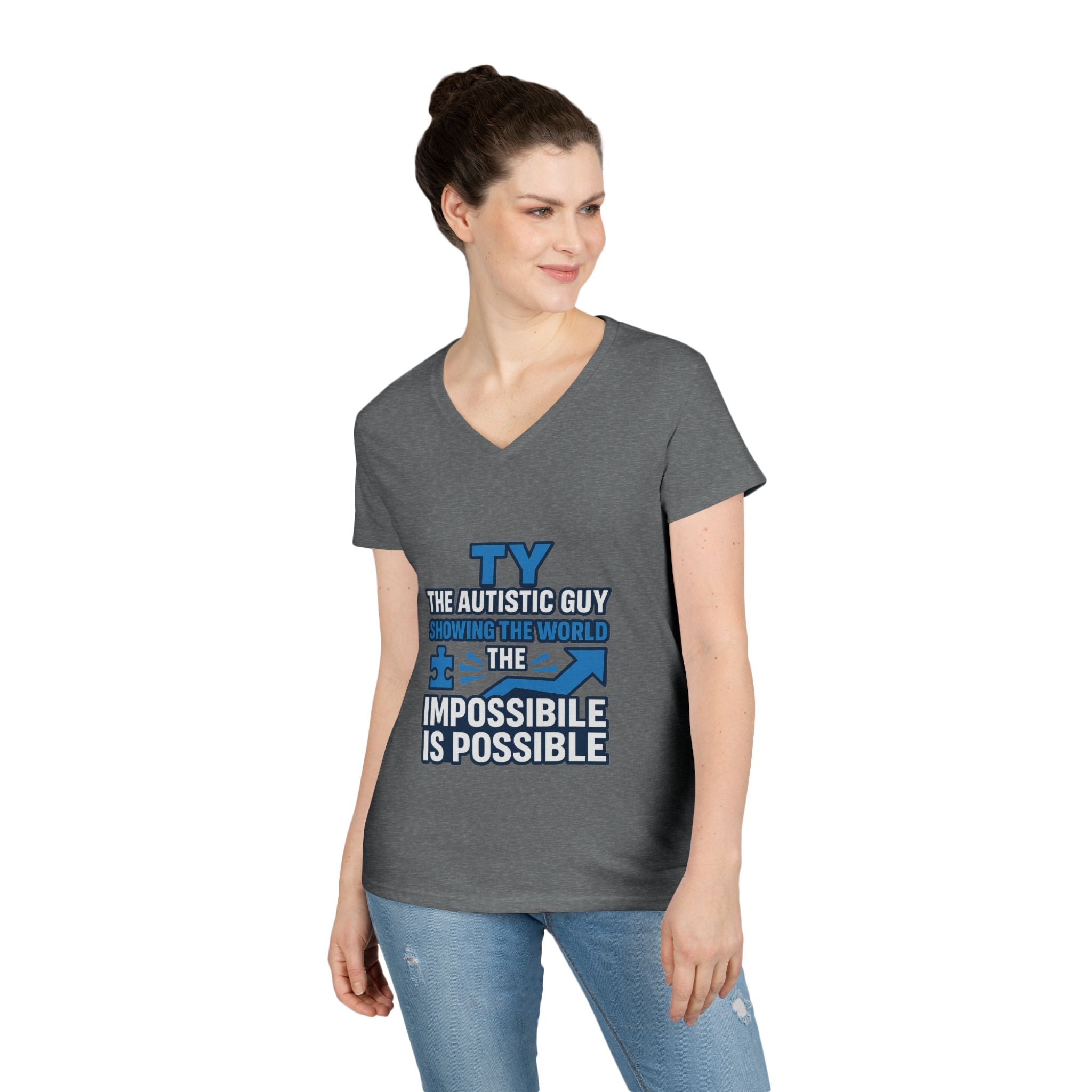 Inspirational Autism Awareness V-Neck T-Shirt - The Impossible is Possible, Gift for Teacher, Mother's Day, Support, Casual Wear