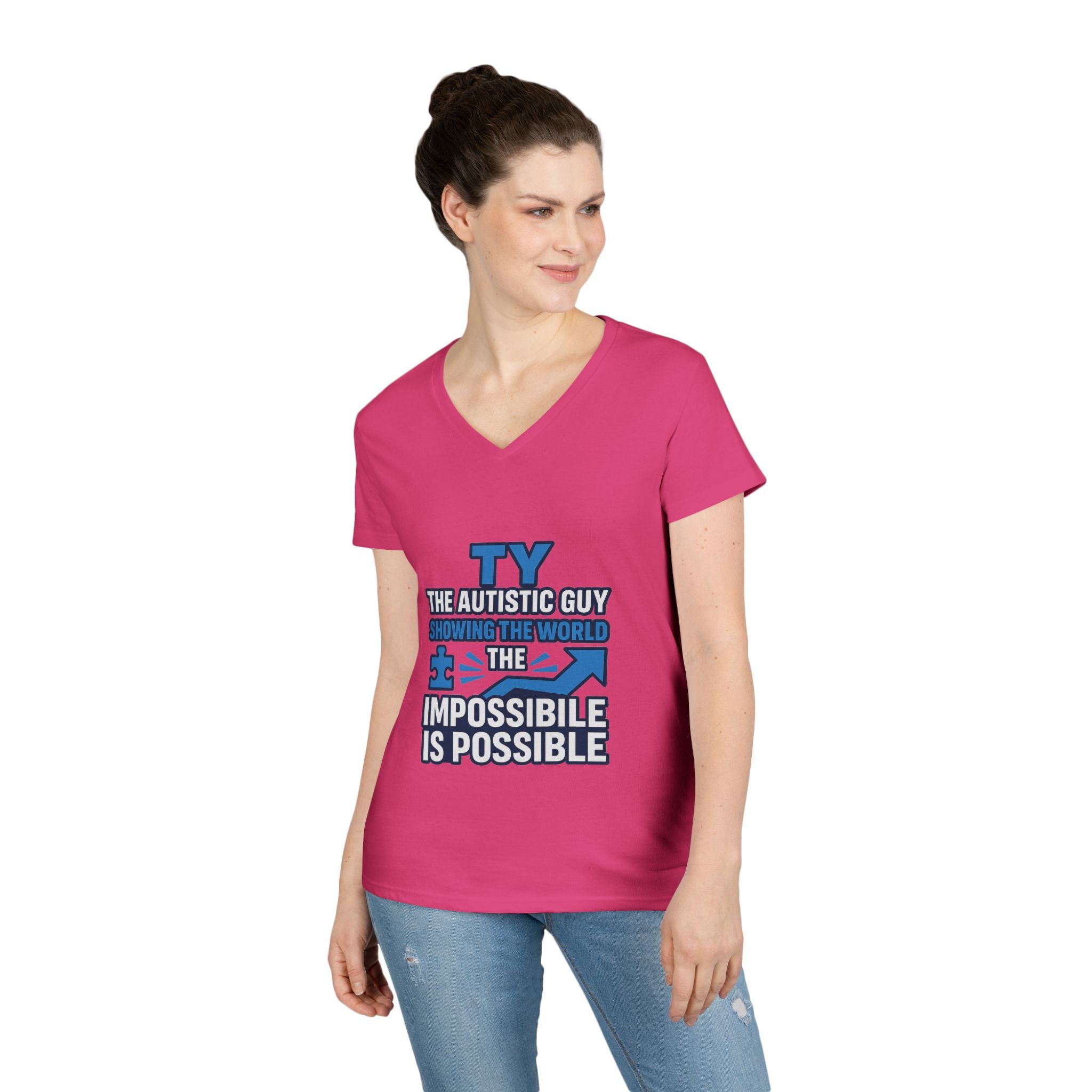 Inspirational Autism Awareness V-Neck T-Shirt - The Impossible is Possible, Gift for Teacher, Mother's Day, Support, Casual Wear